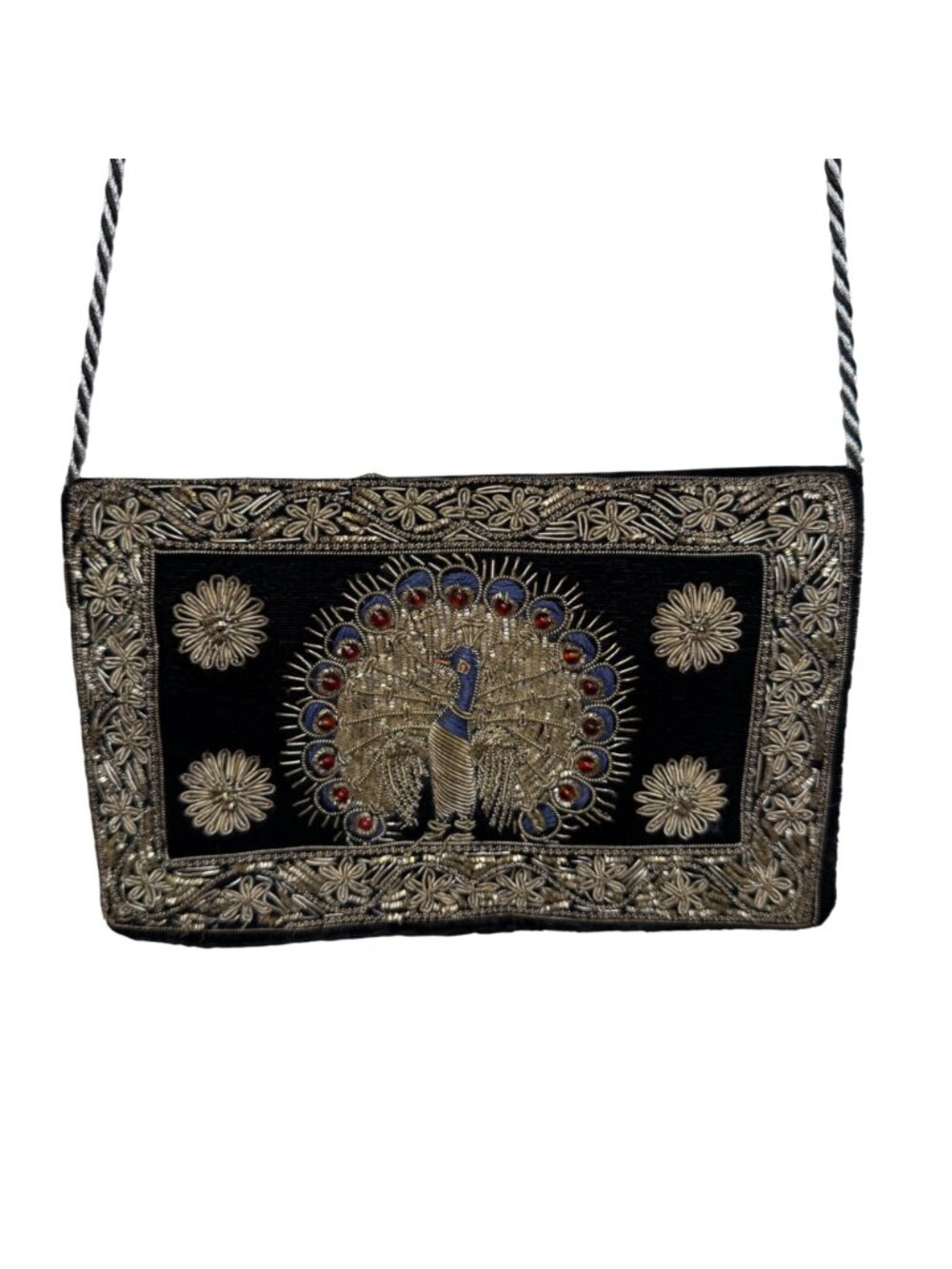 VTG Indian Zardozi Peacock Embroidered Velvet Evening Bag Metallic Bullion Purse